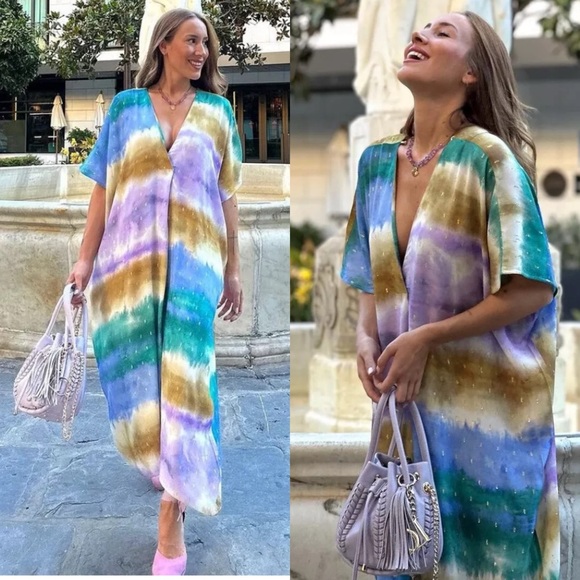 Zara Multicolored Tie Dyed Caftan Tunic Maxi Dress Blogger’s Favorite Fave - Picture 9 of 14